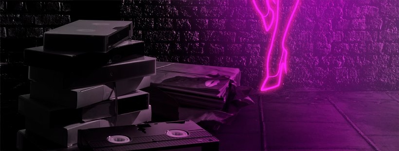Ping Neon Legs of a Woman in High Heels on a Brick Wall with a Pile of VHS Tapes in the Foreground